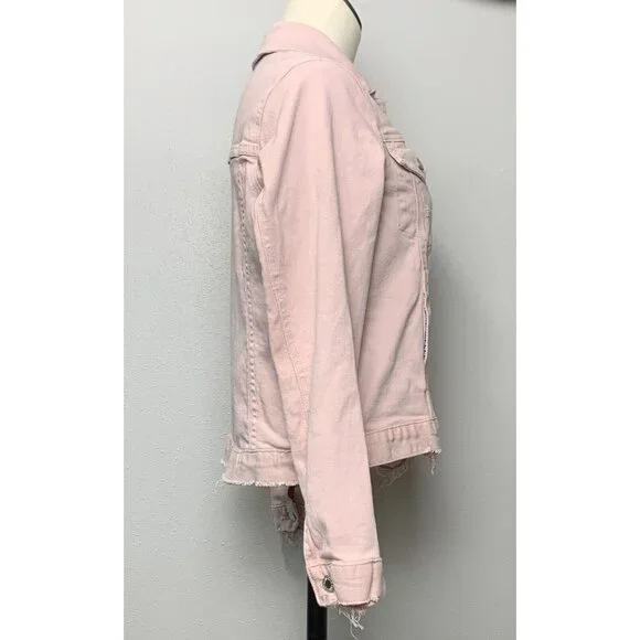 Judy Blue Womens Pink Denim Jacket Size S Distressed Hem Button Up Pockets - Picture 2 of 16